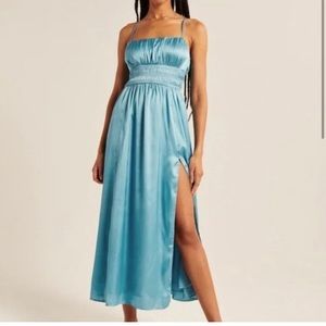 Abercrombie & Fitch Blue Satin Smocked Bodice Maxi Dress with Slit Medium M